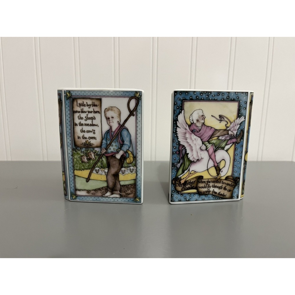 1987 Mother Goose & Little Boy Blue Enesco Ceramic Book Vases Nursery Rhymes Set